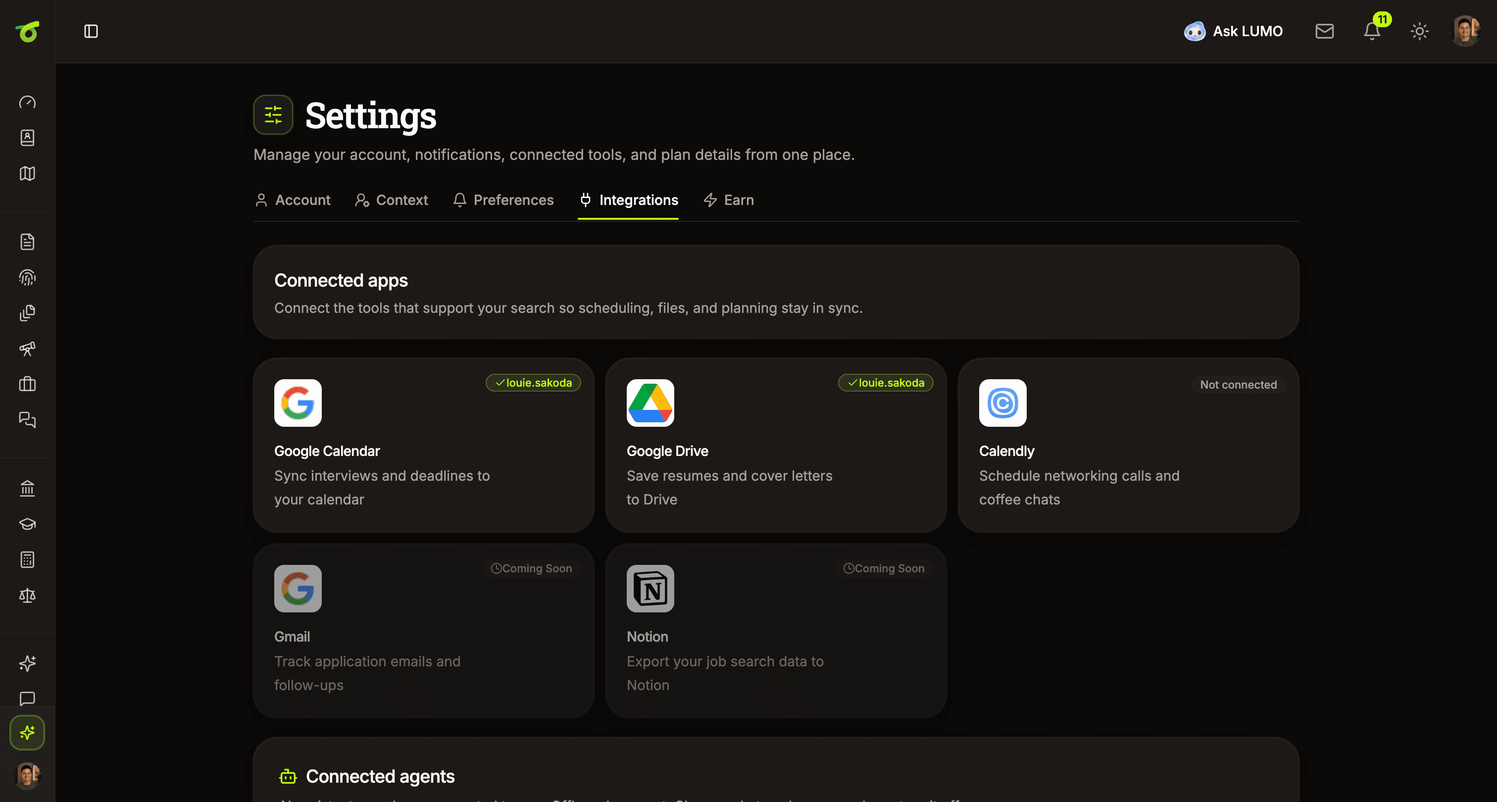 Offboard integration settings showing Google Calendar, Google Drive, Calendly, and upcoming Gmail and Notion connections