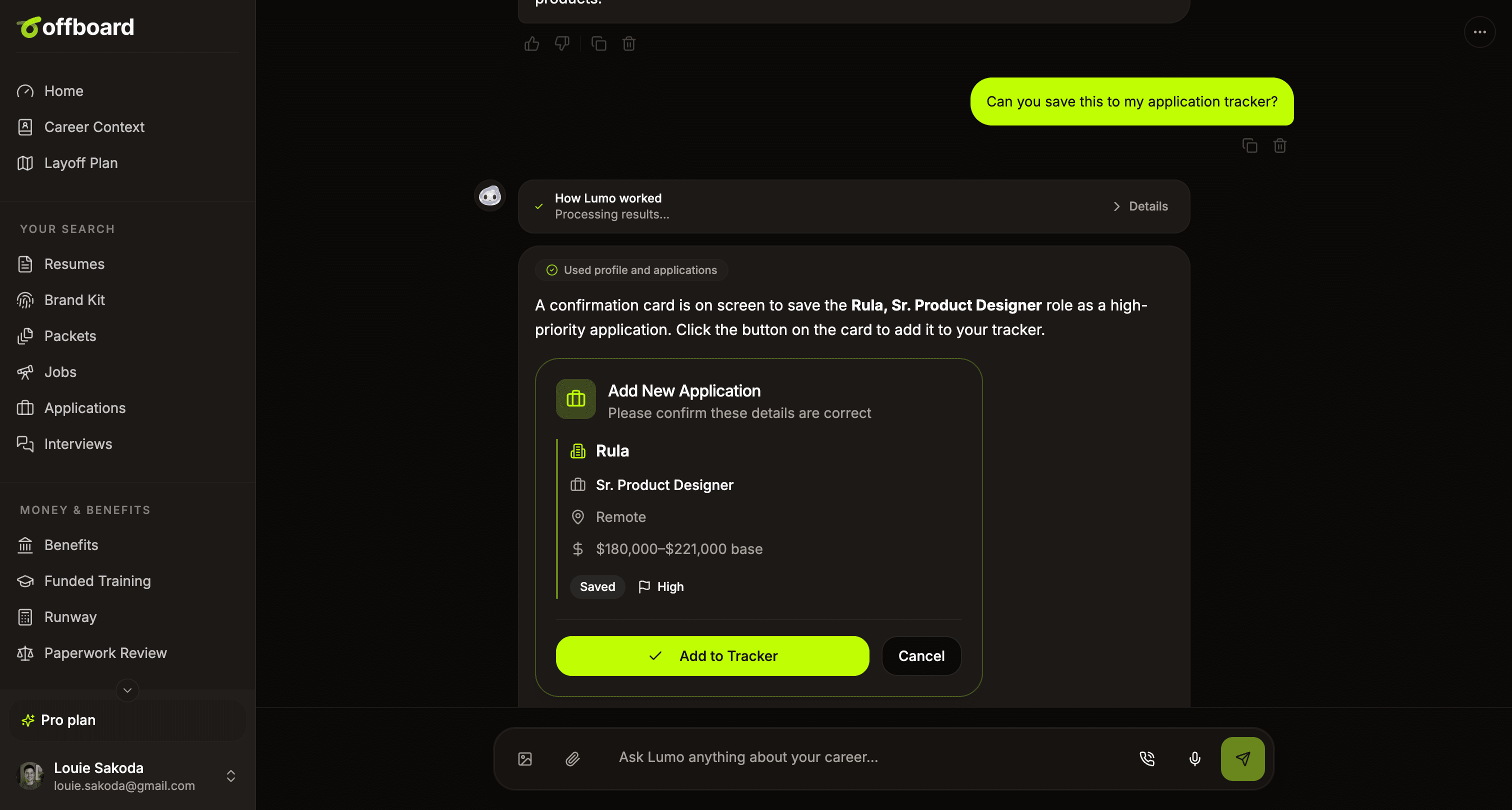 Lumo showing an application confirmation card for a role, with Add to Tracker and Cancel controls