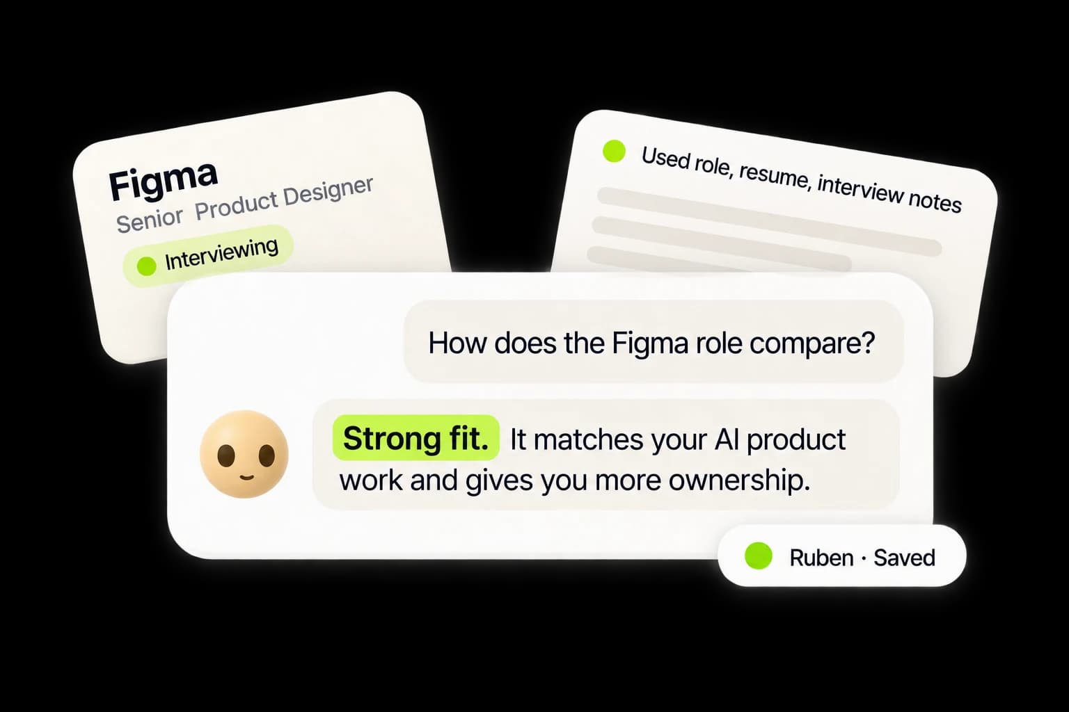 A conversation with Lumo comparing a senior product designer role at Figma with the person's experience, resume, and interview notes, then saving the recruiter Ruben