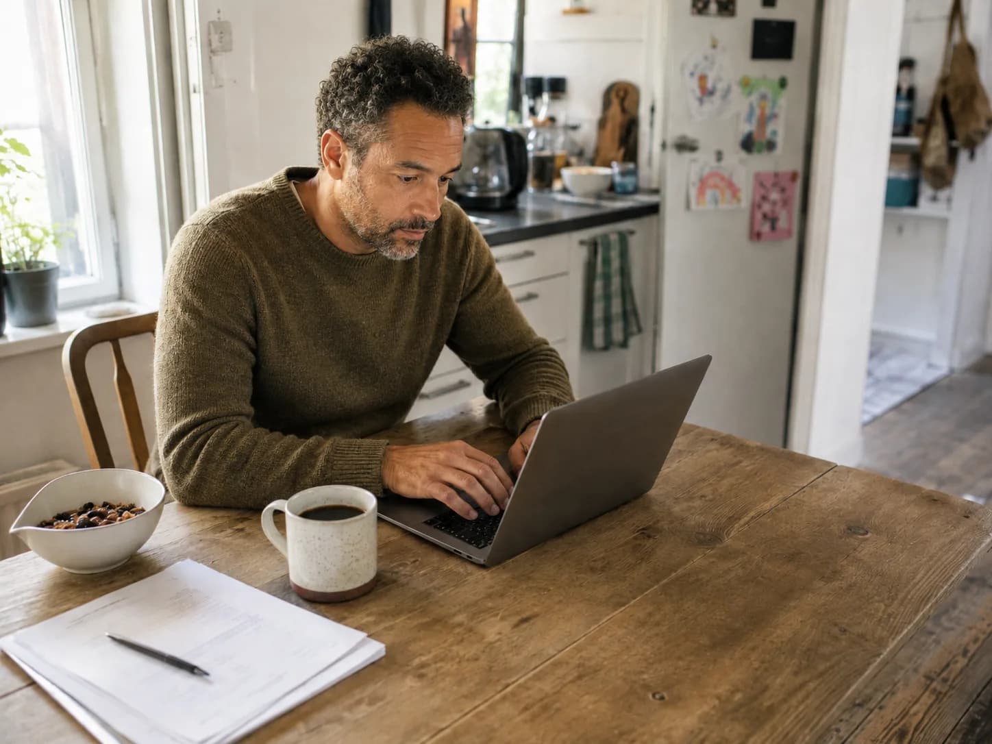 A man at his kitchen table with a laptop, coffee, and a notebook