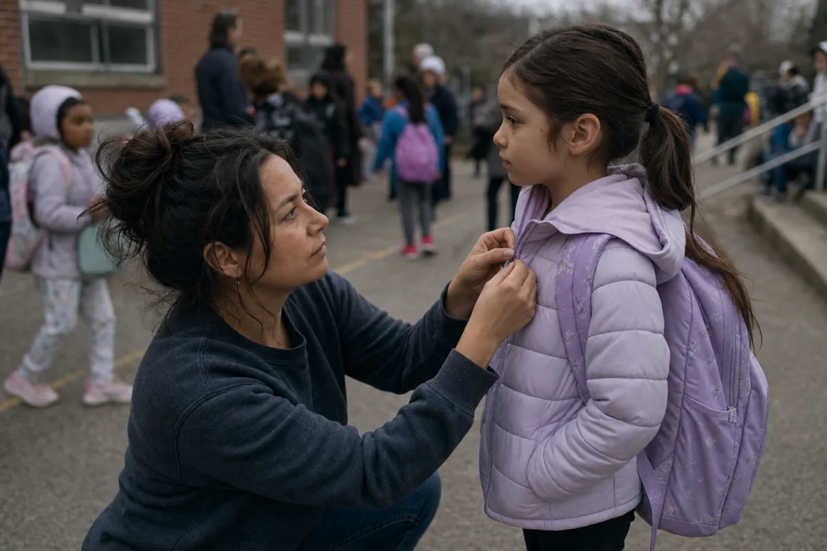 A parent kneeling to zip up her daughter's jacket at a school drop-off, other children and backpacks in the background