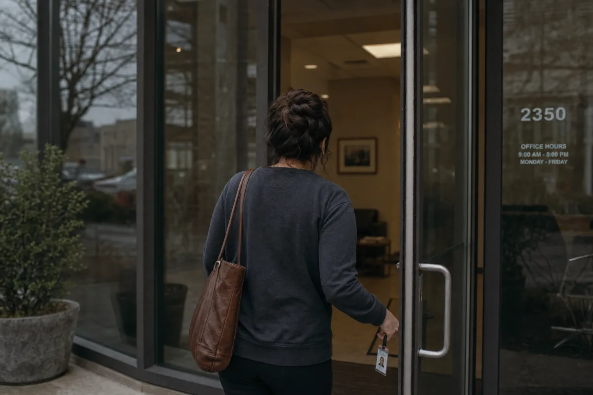 A person walking into an office building for an interview, bag on shoulder