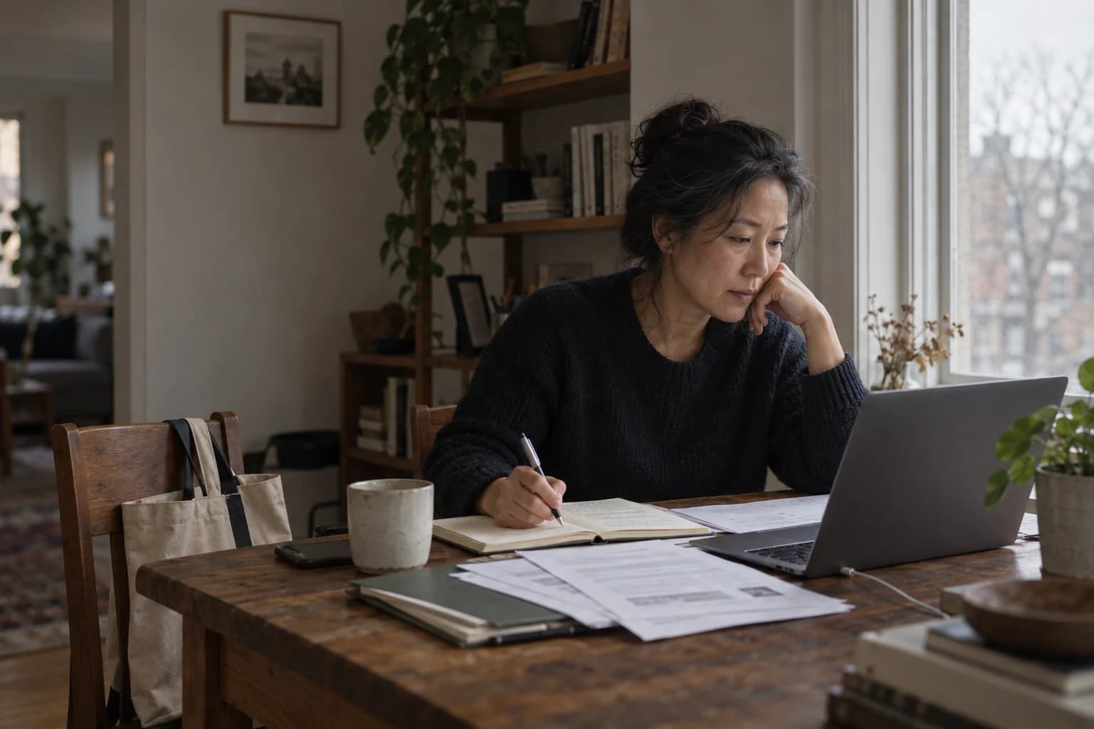 A woman at her dining table with a laptop, an open notebook and printed pages, thinking through what to write down