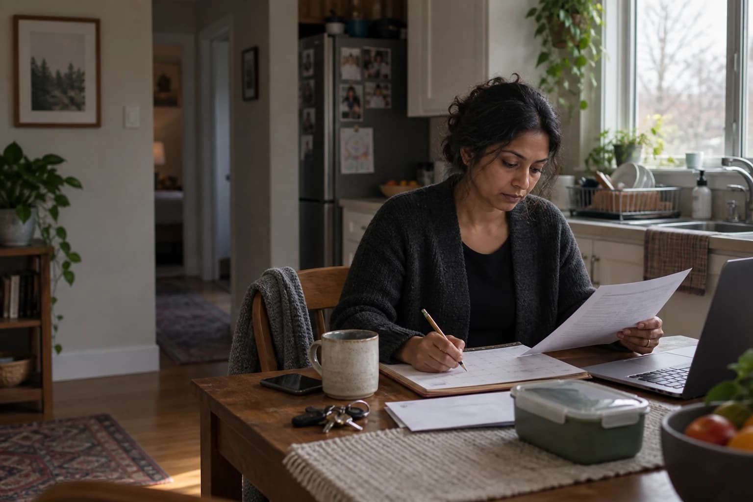 A woman at her kitchen table reading a printed notice, pen in hand, laptop and papers spread in front of her