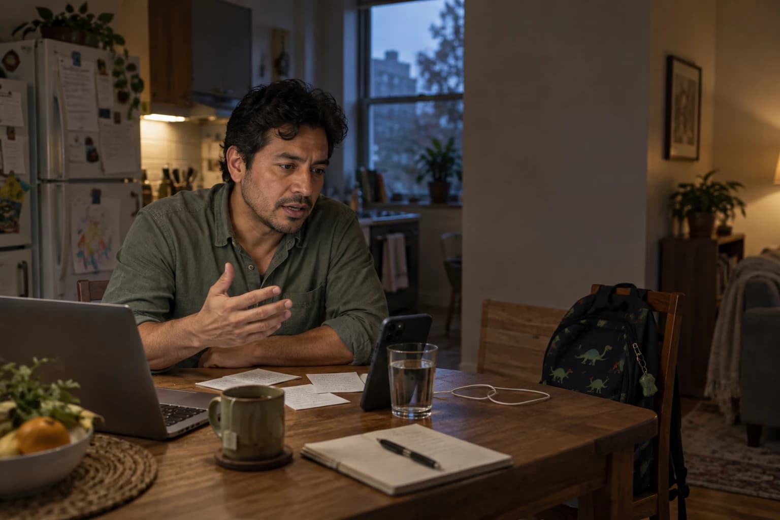 A man at his kitchen table talking through an answer aloud, laptop open and notes in front of him