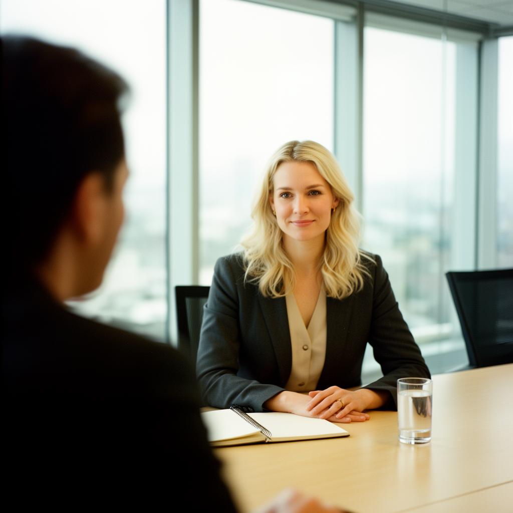 A composed candidate seated across from an interviewer in a bright conference room