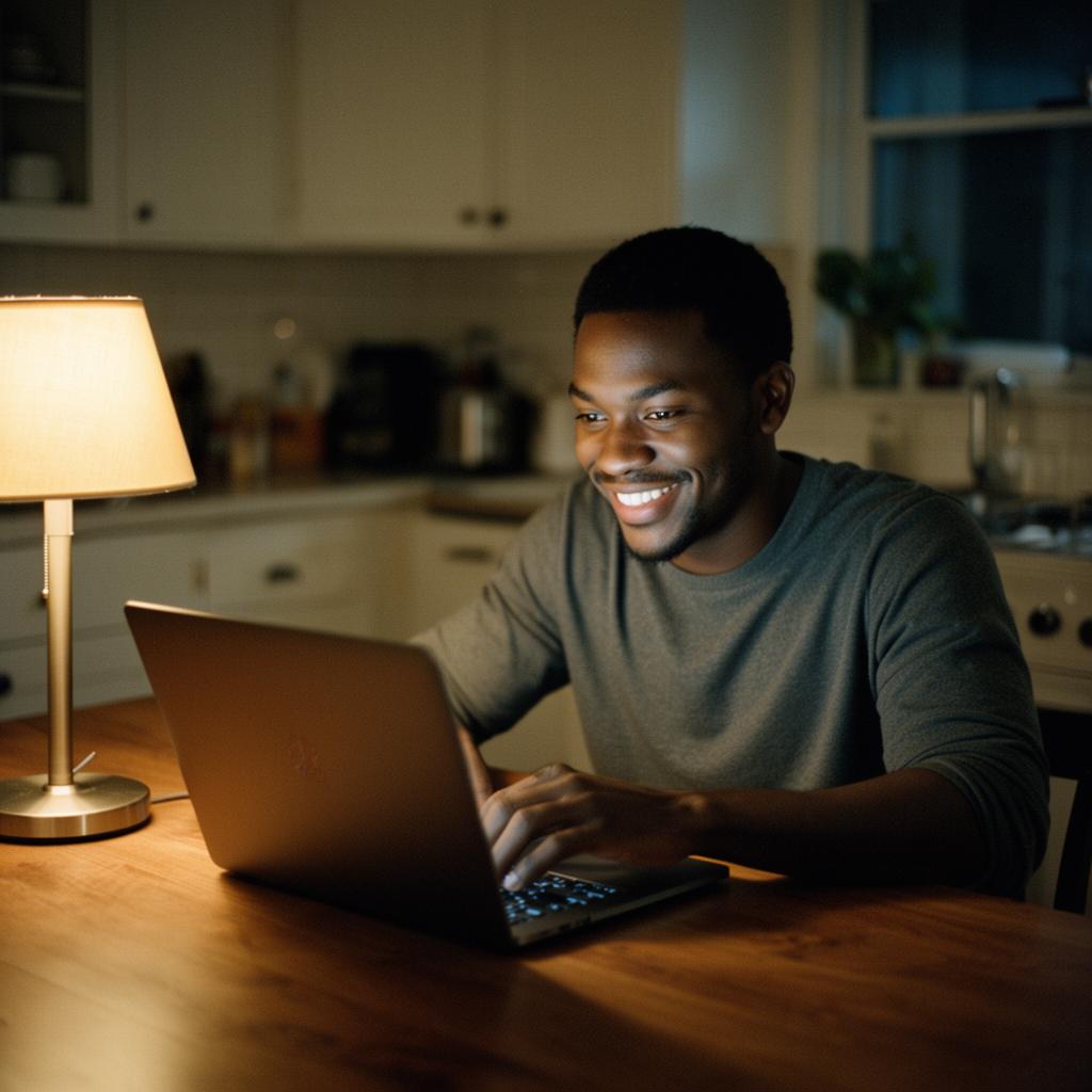 A man smiling at his laptop at a kitchen table in warm evening light