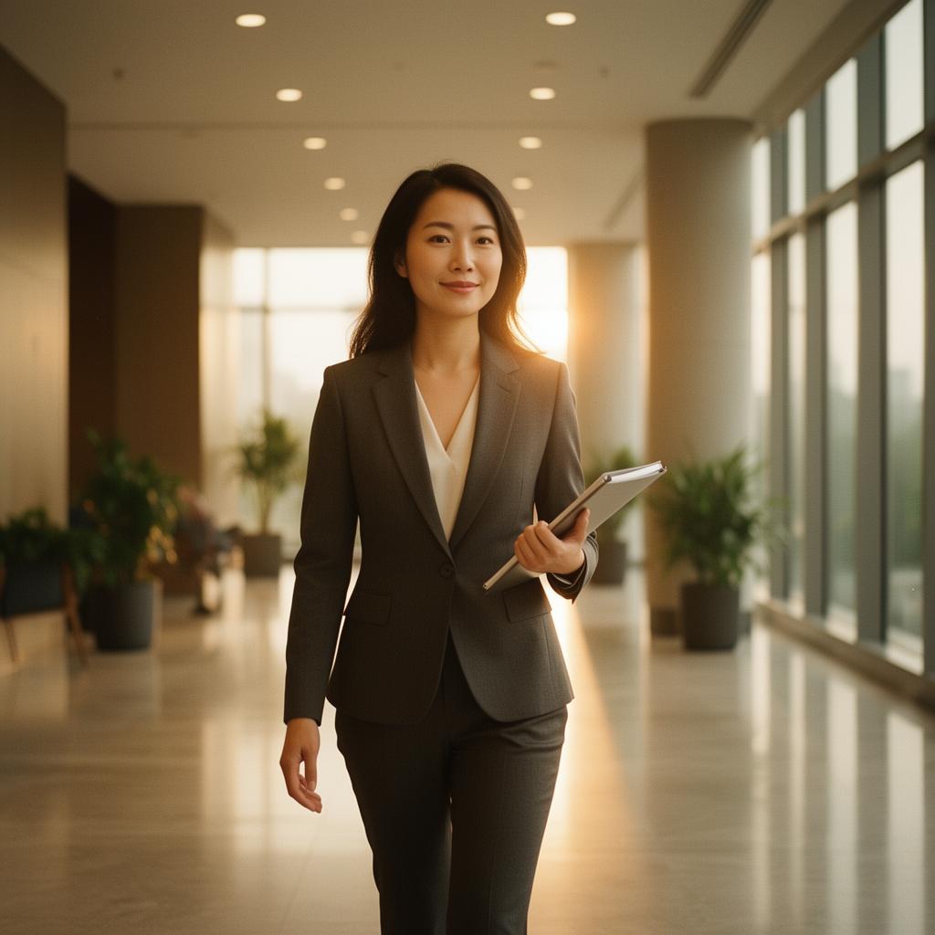 A confident Asian woman in a blazer walking through a sunlit office lobby toward an interview
