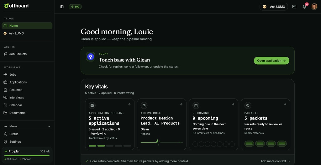 Offboard app home showing a personalized greeting, today's next move, and key vitals across applications, roles, and Job Packets
