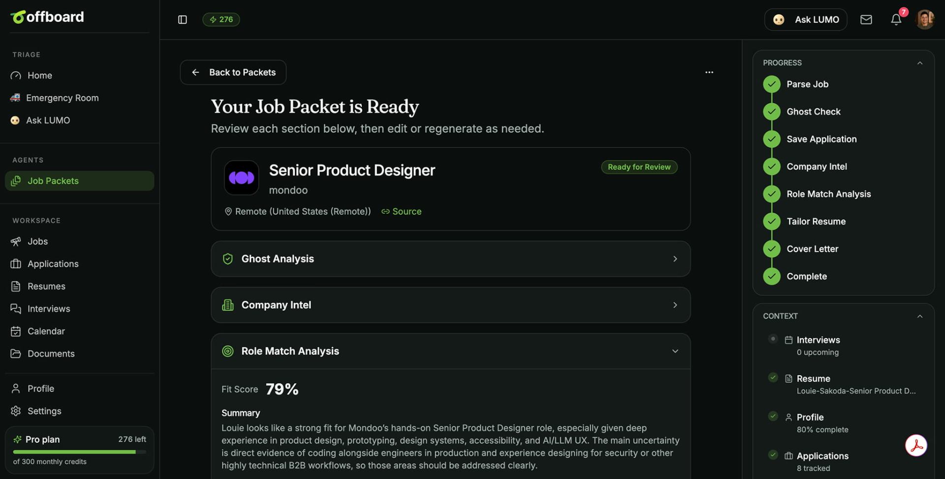 Offboard app showing a completed Job Packet with progress, role match analysis, and connected context