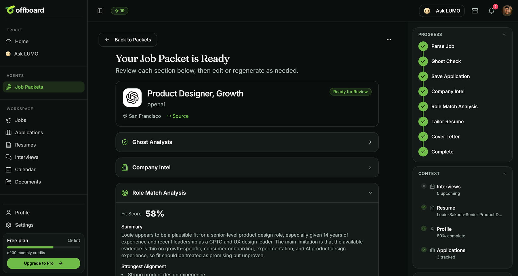 Offboard app showing a completed Job Packet with progress, role match analysis, and connected context