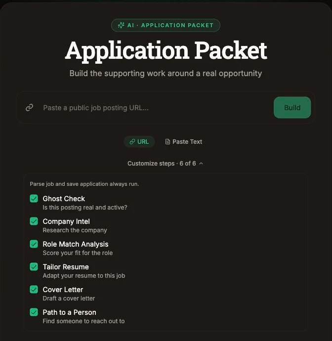 The Offboard Application Packet builder: a field for a job posting link, and six steps to choose: Ghost Check, Company Intel, Role Match Analysis, Tailor Resume, Cover Letter, and Path to a Person.