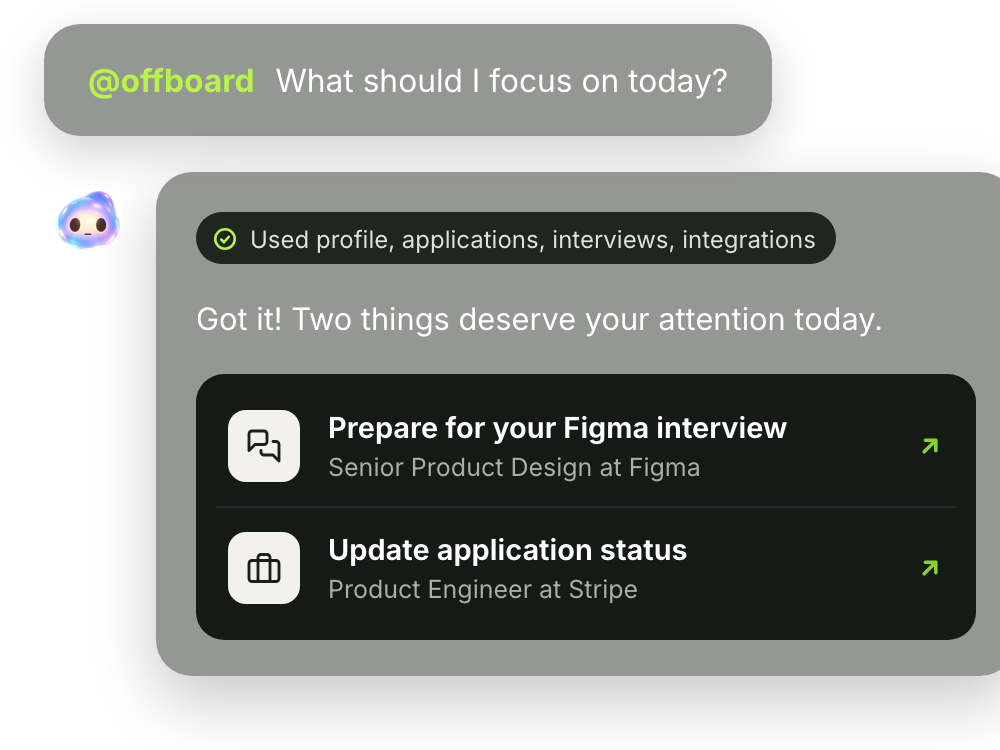A conversation floats beside him. He asks Offboard what he should focus on today; Lumo notes it used his profile, applications, interviews, and integrations, and answers that two things deserve his attention: preparing for a senior product design interview, and updating the status of a product engineer application.