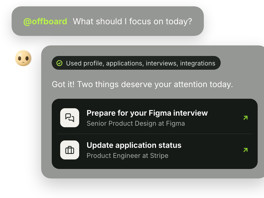 A conversation floats beside him. He asks Offboard what he should focus on today; Lumo notes it used his profile, applications, interviews, and integrations, and answers that two things deserve his attention: preparing for a senior product design interview, and updating the status of a product engineer application.
